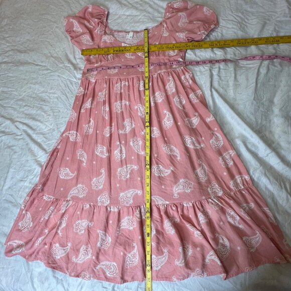 PatPat Pink Boho Paisley Midi Dress XL Short Puff Sleeves V-Neck 100% Viscose Ru - Picture 15 of 16